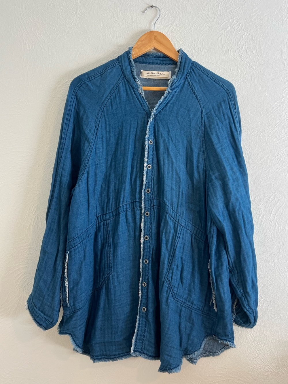 We The Free Button Down Oversized Frayed Chambray Shirt size Small